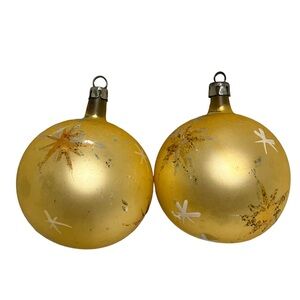 Vintage Poland Gold Atomic Starburst Round Glass Christmas Ornaments Lot of 2